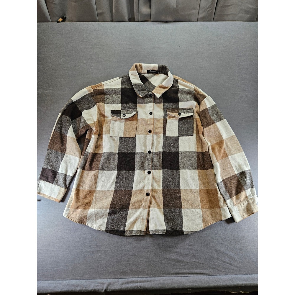 Automet Plaid Flannel Shacket Brown Tan Cream Oversized Button Down Shirt 2XL